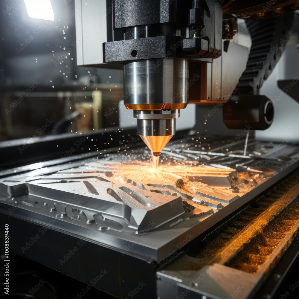 Poster precision cnc milling machine creating complex shape in metal with sparks flying