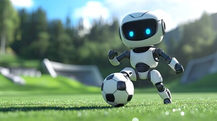 A 3D animated cartoon robot kicking a soccer ball on a bright field, with a fun, energetic atmosphere and room for text.