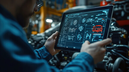 Using an Augmented Reality Diagnostics Software on a tablet computer, a technician inspects the engine bay to find broken components