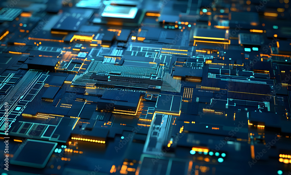 Poster tiled cyber structure. nanotechnologies in processors and computer circuits. 3d illustration of digi