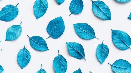 Fototapeta premium Colorful blue leaves arranged on a white background.