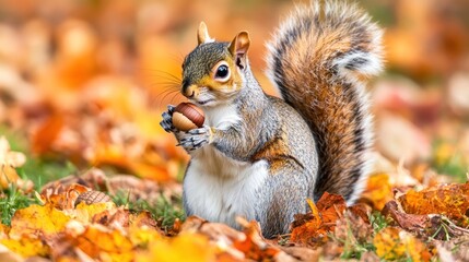 Obraz premium A squirrel holds an acorn amidst colorful autumn leaves.