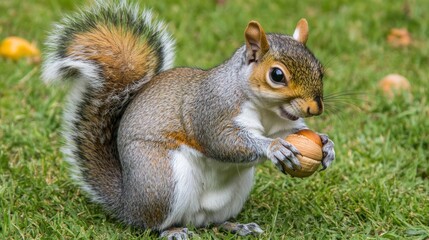 Naklejka premium A squirrel holding a nut in a grassy area, showcasing its natural behavior.