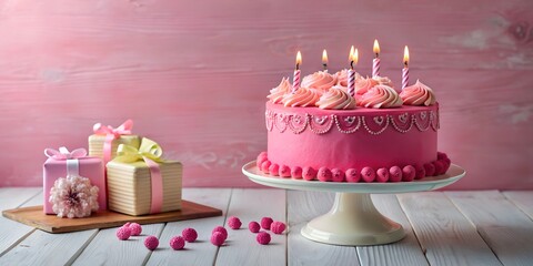 pink birthday cake with candles