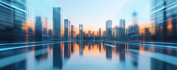 Futuristic city skyline with blurred reflections at sunset, vibrant atmosphere.