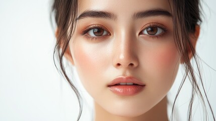 Close-up portrait of a young woman with flawless skin and natural makeup, looking directly at the camera.