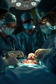 Newborn baby in the cesarean section. childbirth in operation room c-section surgery