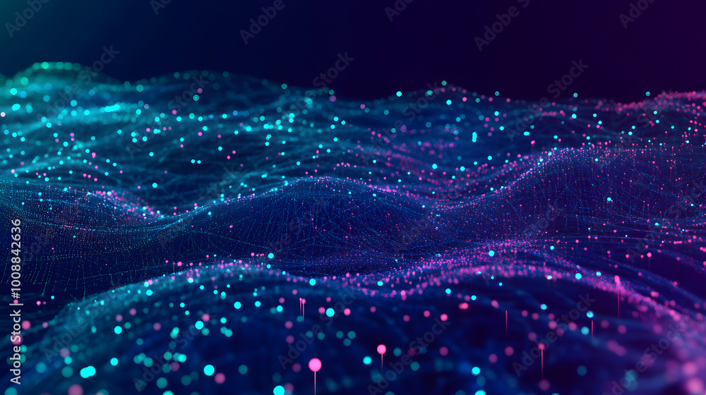 Poster neural data field 3d illustration. cyber network data particles
