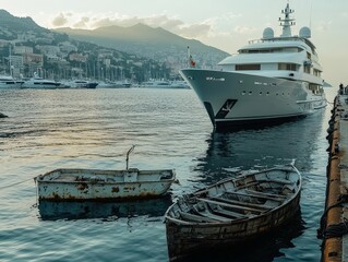 A luxurious yacht floating beside a small, dilapidated rowboat in a crowded harbor