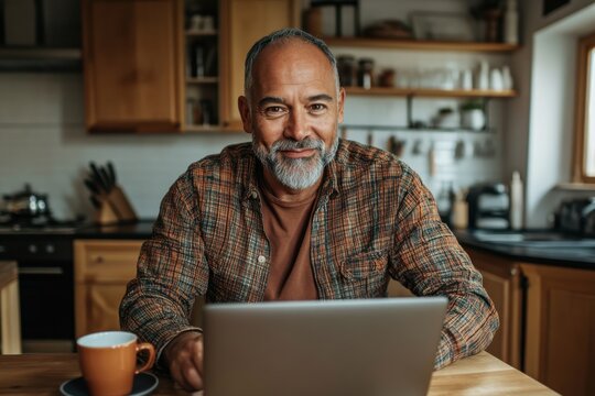 A mature man with a gray beard is focused on his laptop while sitting in a kitchen with a plaid shirt, exuding concentration and determination.