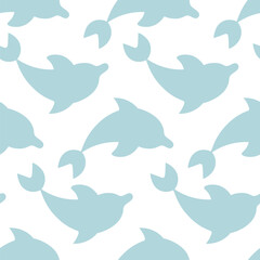 Dolphin emerges from water. Reflection. Greenish sea mammal. Endless vector pattern. Repeating ornament of sea mammals. Isolated colorless background. Flat style. Ocean inhabitant with fins and tail. 