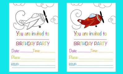 Obraz premium Asset of invitation cards, artwork, illustration, retro plane, black outline, colorful text