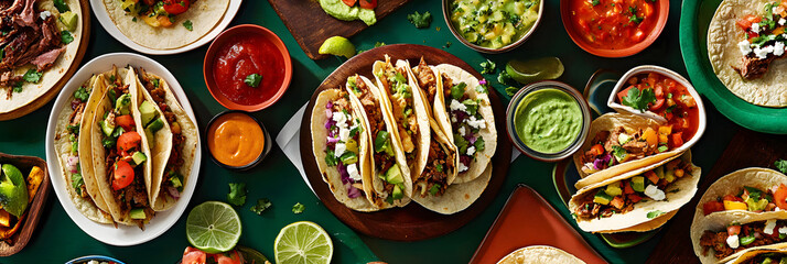 Top down view of a table full of Mexican tacos with lots of side dishes and sauces
