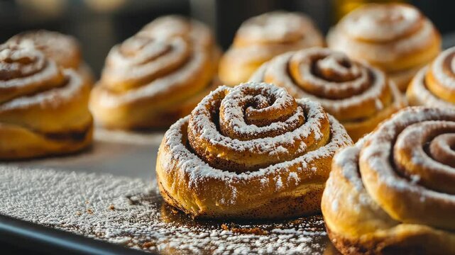 Baker showing freshly baked cinnamon rolls