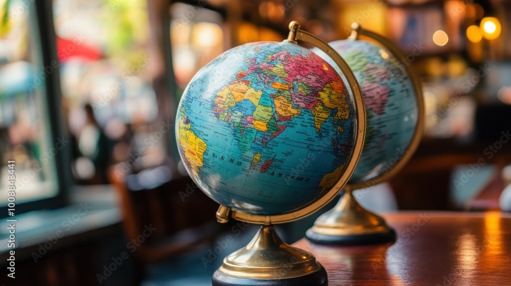 Poster A Vintage Globe with a Colorful World Map on a Wooden Table