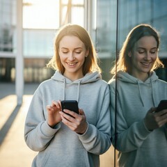 A woman in casual clothing stands by a glass office wall, smiling while looking at her phone as the city reflects behind her
