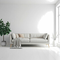 Minimalist living room with a light gray sofa, potted plant, and a vase near a window.