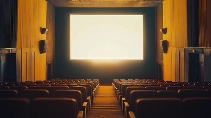 Fototapeta premium The cinema hall is quiet, featuring rows of empty seats facing a brightly lit screen. The atmosphere is inviting, anticipating the arrival of moviegoers for the next showtime