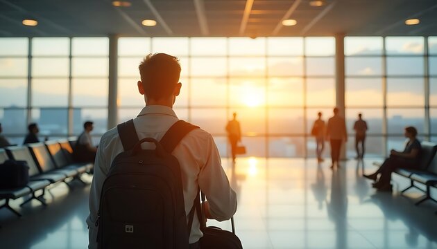 A happy traveler waiting for their flight at the airport, departure area