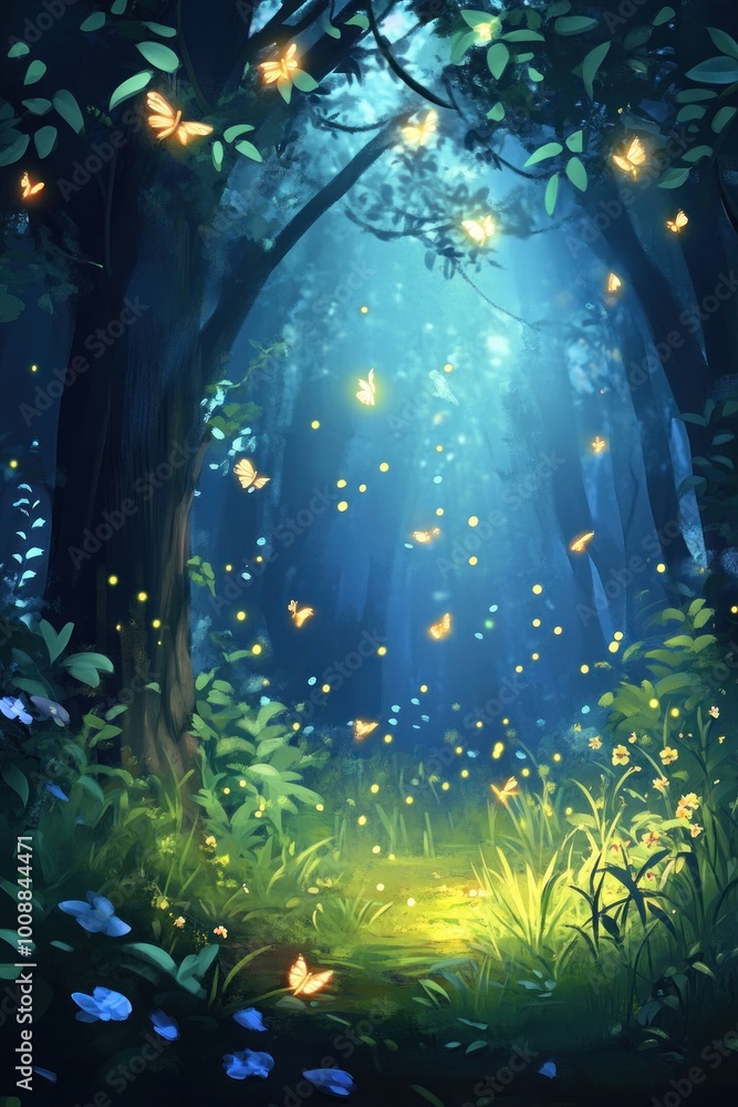 Sticker A serene forest scene illuminated by glowing butterflies and soft light.