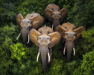 Aerial view of four majestic elephants standing close together amidst the lush green forest, showcasing the beauty of wildlife.