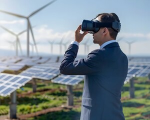 Businessman Exploring Renewable Energy Sites Using Virtual Reality for Investment Potential Assessment
