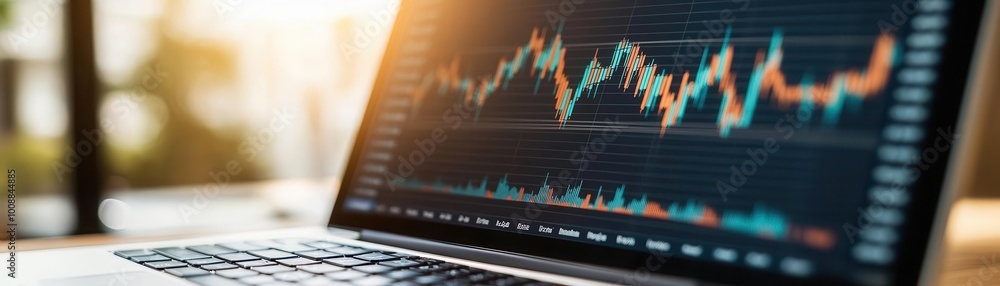 Poster a close-up of a laptop displaying dynamic financial charts and graphs, symbolizing investment strate