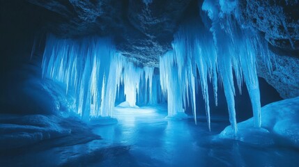 Venture into a mesmerizing icy cave featuring striking blue formations that glisten in the low light, revealing nature's artistry during winter