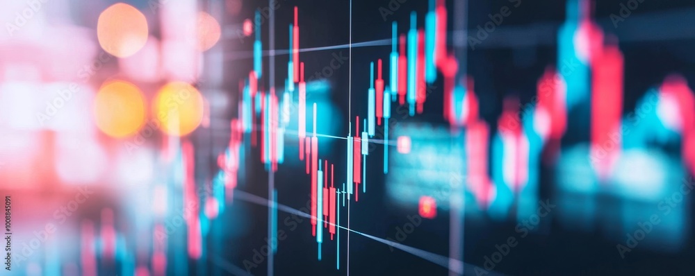 Poster abstract financial data visualization with colorful graphs and blurred background.