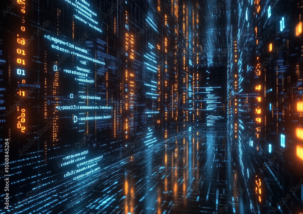 Poster futuristic perspective of digital data streams in cyber space