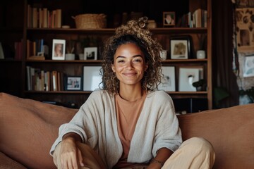 Obraz premium A young woman with her hair tied in a bun sits comfortably on a sofa, exuding a relaxed and confident demeanor. Behind her, a bookshelf with framed photos adds depth.