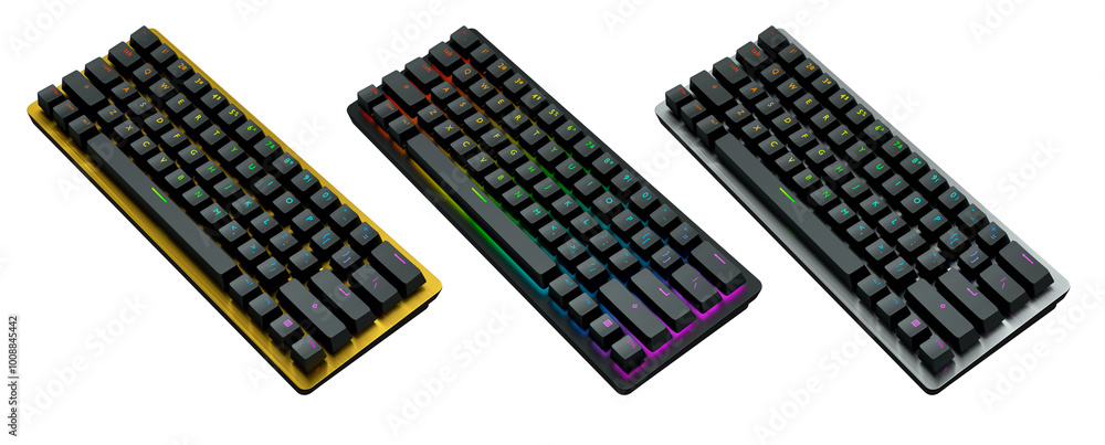 Poster collection of mechanical keyboards isolated on white background with clipping path. 3d rendering of 