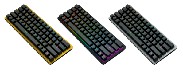 Collection of mechanical keyboards isolated on white background with clipping path. 3D rendering of streaming gear and gamer workspace concept