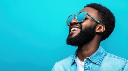 Obraz premium Joyful Man with Unique Glasses on Blue Background