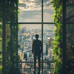 Fototapeta premium Businessman Gazing at Eco Friendly City Skyline from High Rise Office Window