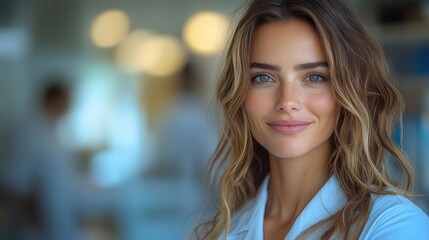 dynamic female doctor in a white coat passionately presenting to her colleagues with a bright modern clinic setting that exudes professionalism and warmth