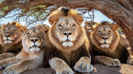 Majestic male lions resting under a tree, showcasing their regal presence and united strength in the wild.