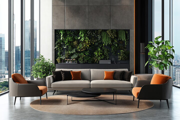 A modern living room with an oversized sofa, sleek chairs, and a coffee table, large windows overlooking the cityscape