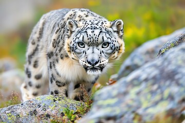 Fototapeta premium Snow leopard in its natural habitat, stealthily moving through rocky terrain. Captured in vivid detail to showcase its majestic presence.