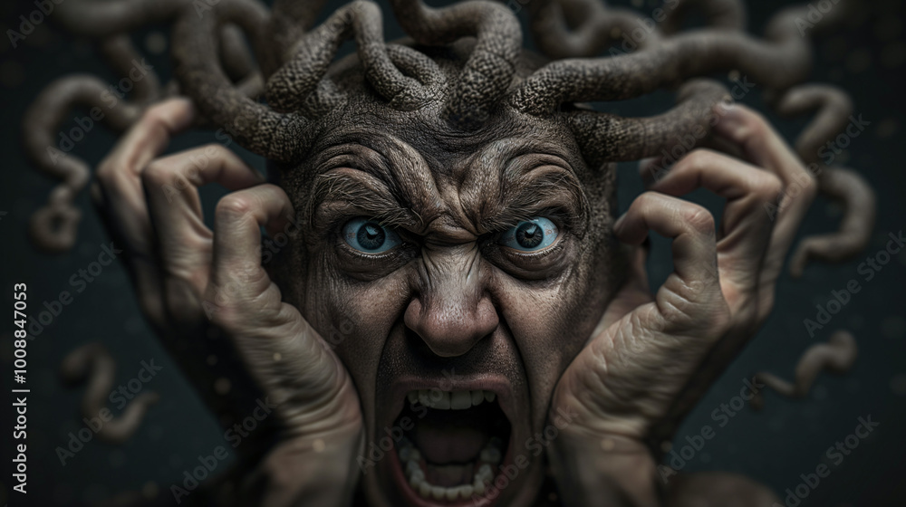 Wall mural A person screams in anguish, their head covered with writhing snakes in a surreal dark setting, depicting an intense emotional struggle