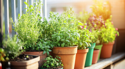 Fototapeta premium Urban Balcony Garden with Lush Potted Herbs in Sunlight