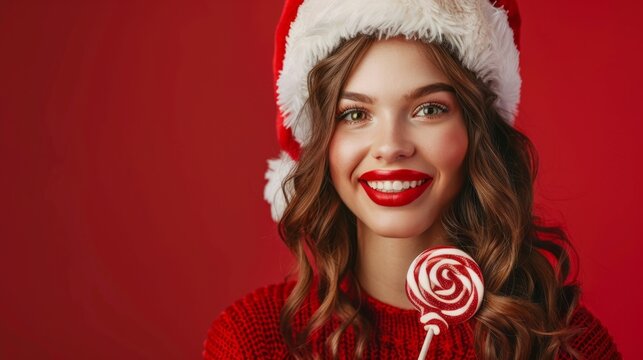 A woman in a red hat and red sweater holding a red lollipop
