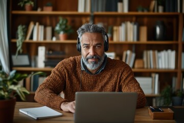 A man with headphones, wearing a brown sweater, works from home on his laptop in a book-lined study, surrounded by plants and natural light.