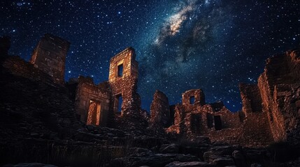 Starry Night Over Ancient Ruins Under the Milky Way