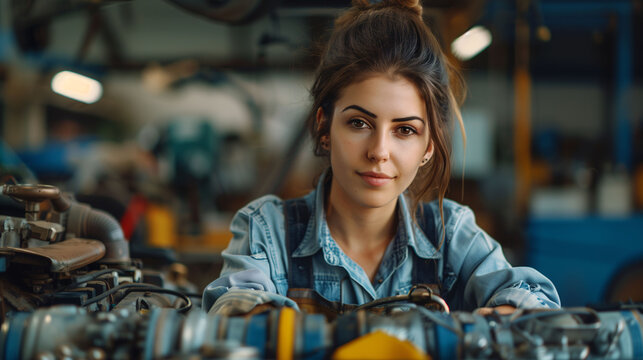 A woman in work attire handling an engine in a mechanic workshop. Working woman, gender equality in the workplace, female empowerment, and professionalism.