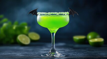 vibrant green cocktail garnished with bat wings, set against a dark background, perfect for Halloween celebrations.