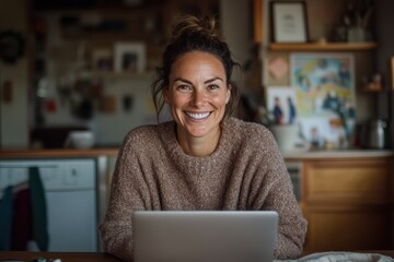 A cheerful woman enjoying her work on a laptop while seated in her cozy, warmly-lit kitchen, reflecting ease and happiness with a background of personal decorations.