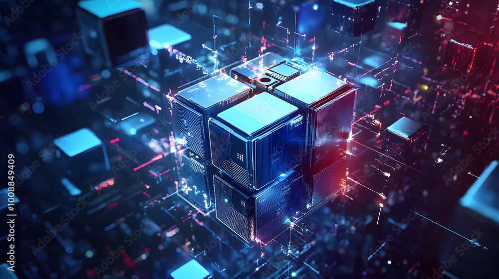 Poster blockchain technology. big data processing, fintech and digital innovation. cyberspace concept of fu
