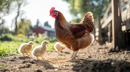 Fototapeta premium Hen and Chicks on a Sunny Farmyard