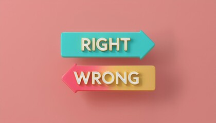 Conceptual representation of right and wrong with arrows on a colorful background, perfect for ethical discussions.